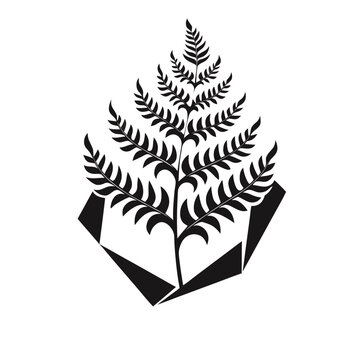 Black silhouette of a fern leaf inside an abstract geometric frame with botanical, silhouette