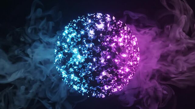 Abstract sphere with glowing particle fragments and colorful smoke clouds
