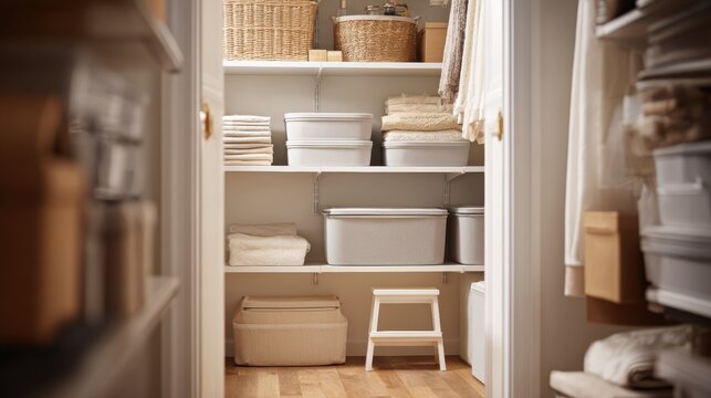 Organized walk in closet with shelves featuring storage boxes and folded towels. Systematic home interior design for laundry room organization. Concept of tidy house storage solution.