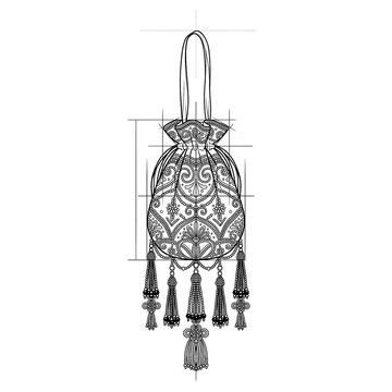 Hand drawn sketch of beaded evening reticule. Front view.