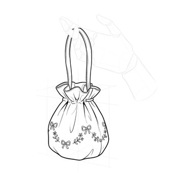 Hand drawn sketch of fabric day reticule. Front view.