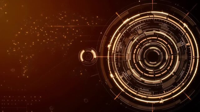 Digital world map background with rotating golden technological interface circles in smooth motion video clip style