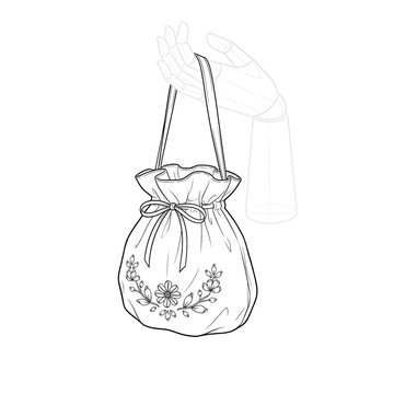 Hand drawn sketch of fabric day reticule. 3/4 view.