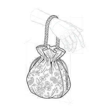 Action pose sketch of fabric day reticule. Ink illustration.