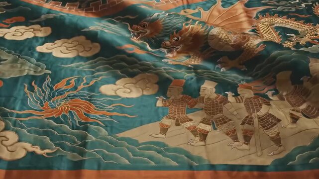 Background of a detailed traditional Asian silk embroidery depicting dragon and warriors artwork