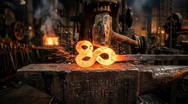 Glowing molten metal ampersand symbol being struck by a hammer on an anvil engraved with Rise Through Strife in a dark blacksmith forge workshop with flying sparks and machinery.