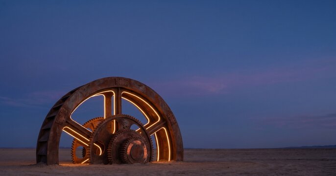 Large Vintage Gears Illuminated in Desert at Twilight