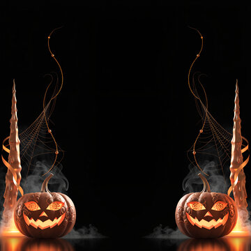 Two glowing jack-o'-lanterns with sinister carved faces are positioned symmetrically with tall, dripping candles, wisps of smoke, and delicate spiderwebs against a stark black background.