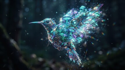 Obraz premium Fantasy hummingbird made of bioluminescent mushrooms and clockwork gears