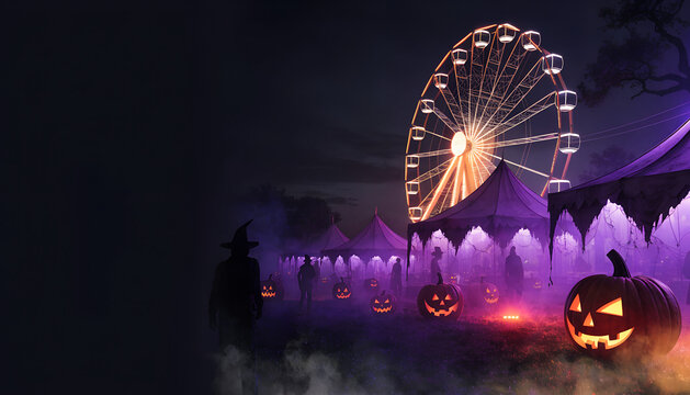 A vibrant Halloween carnival at night features a glowing Ferris wheel, illuminated tents, carved pumpkins, and silhouetted figures, creating a festive and spooky atmosphere with purple lighting.