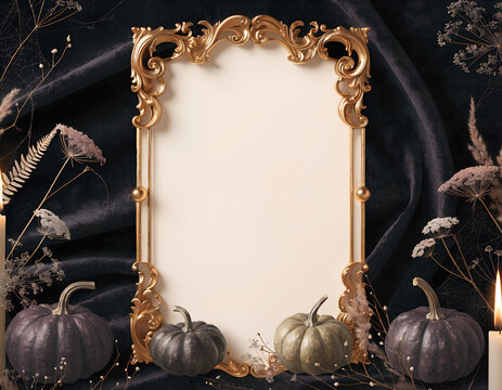 An ornate vintage golden frame with intricate swirls sits atop a dark, textured fabric, surrounded by small dark pumpkins, dried foliage, and subtle candlelight for a mysterious Halloween vignette.