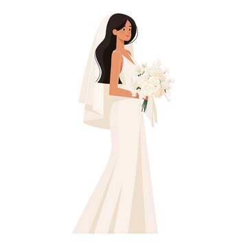 Bride in wedding gown holding white bouquet, elegant flat vector illustration