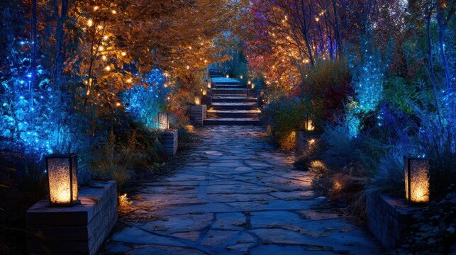 Garden path with stone steps illuminated by blue string lights and warm lanterns at night. Magical park landscape with glowing autumn trees and fairy lighting. Enchanting atmosphere.