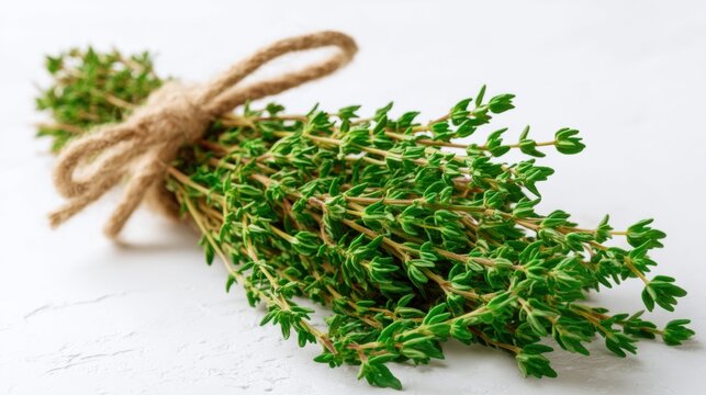Fresh bundle of green thyme tied with twine on white rustic background. Aromatic herb for culinary cooking. Ingredient for healthy Mediterranean diet, seasoning and organic nutrition food.