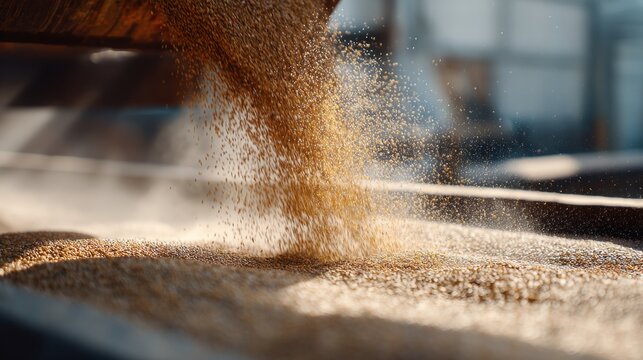 Grain pouring from industrial silo into heap during harvest. Wheat crop processing on agricultural farm. Food supply production machinery. Cereal manufacturing and farming industry concept.