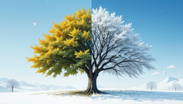 A magnificent tree showcases both vibrant autumn foliage and stark winter snow