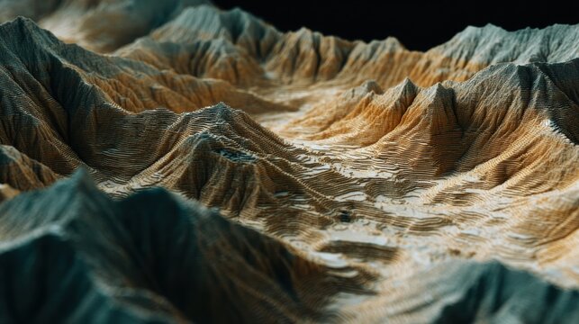 Topographic map of mountain landscape made of layered slices. 3D relief model showing digital terrain elevation. Geographic survey data visualization for science and navigation concept.