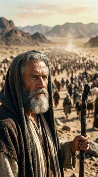 Venerable prophet pilgrimage: Moses guide, Israelite travel, arid wilderness, devoted faith, sacred theology, ultimate destiny, desert exodus, divine covenant.