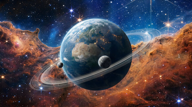 A large planet with rings floating in deep space surrounded by colorful nebula clouds and stars