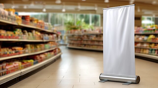 Blank pull up banner in the middle of a grocery store aisle with shelves of products in the background