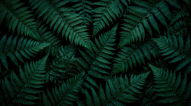 Dark green fern leaf pattern background with a moody jungle aesthetic and natural botanical texture