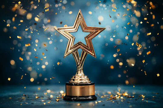 Golden star award trophy on dark blue background with confetti achievement celebration business competition recognition excellence performance leadership accomplishment prestige ambition