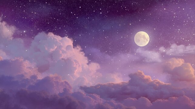 Full moon shining brightly in purple night sky. Dreamy celestial clouds and glowing stars. Magical evening atmosphere for nature background, meditation concept, and fantasy landscape theme.