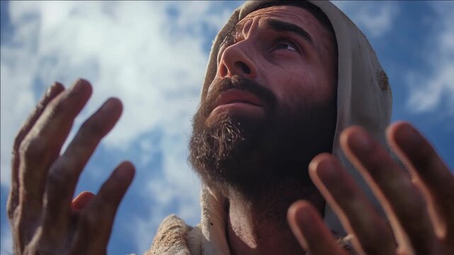 Man with beard and hooded robe raises hands upward. Sky and clouds form soft background behind him. His expression shows deep reverence or prayer. Light catches skin and fabric in gentle rays