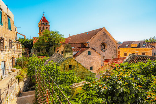 Omis old town and the Adriatic sea from the historic Mirabella fortress, terracotta roofs and the Cetina river in Croatia.