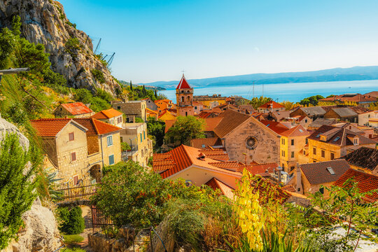 Omis old town and the Adriatic sea from the historic Mirabella fortress, terracotta roofs and the Cetina river in Croatia.