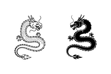 Fototapeta premium Mythical Dragon Vector Art, Chinese Folklore Creature, Ancient Legend Illustration, Black and White