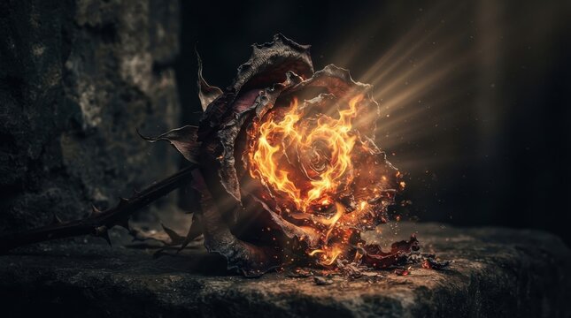 Burning withered rose on dark stone
