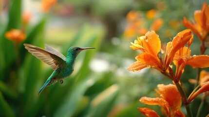 Fototapeta premium Hummingbird hovering near bright orange flower. Small bird wings in flight feeding on nectar in tropical garden. Wildlife nature photography showing biodiversity and summer ecosystem.