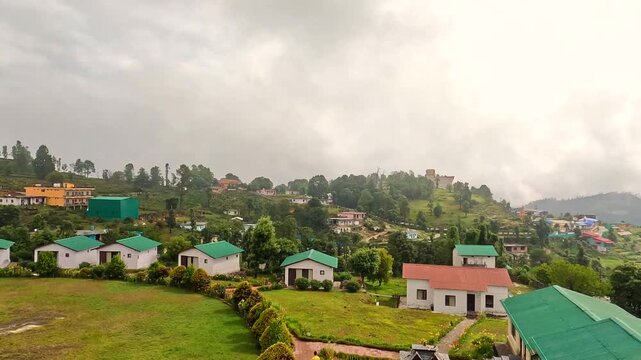 Panoramic Landscape Of Remote Mountain Settlement In Chaukori Kumaon Under Overcast Sky