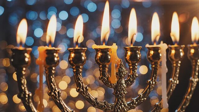 Lit Hanukkah menorah with burning candles and bokeh background