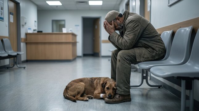 Vet lobby anxiety with Arab man waiting beside subdued dog in clinic