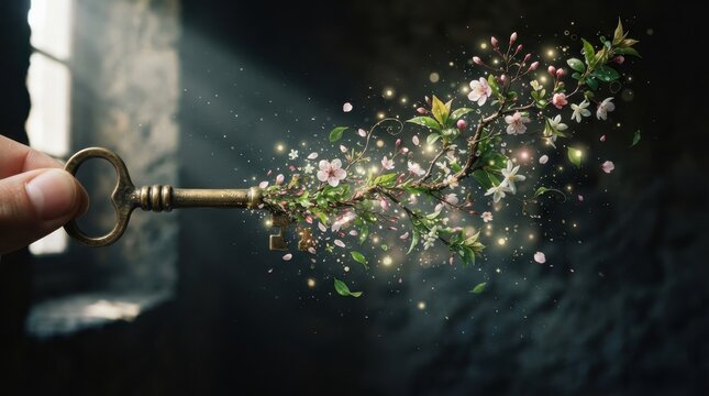 Vintage metal key transforming into blooming cherry blossom branch