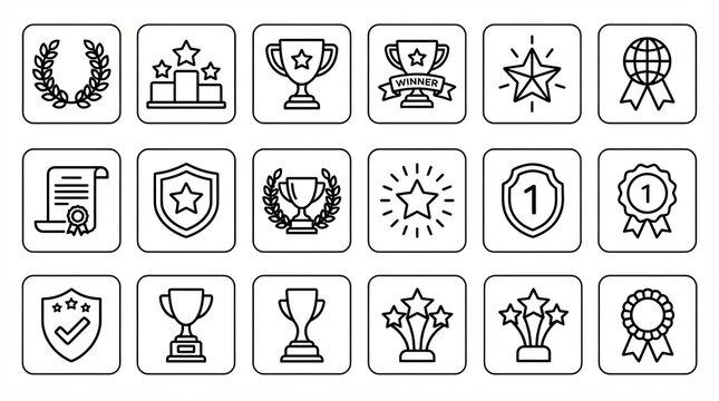 Set of reward and award icons for achievement and success in thin line style