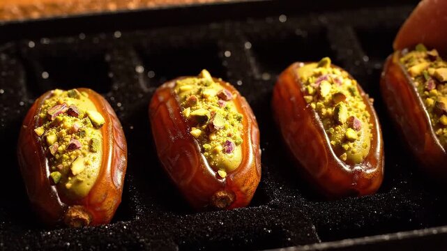 Stuffed dates with pistachio served in a tray. Middle Eastern sweet dessert arrangement. Traditional healthy food preparation for Ramadan celebration and catering.