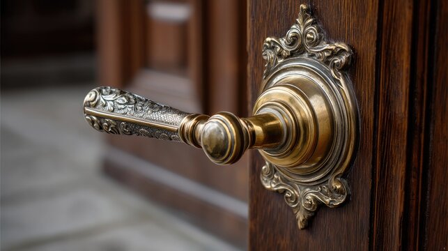 Bronze door handle with intricate backplate on polished wooden door showcasing detailed design and craftsmanship