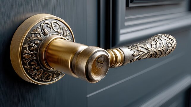 Close up shot of an antique bronze door handle with carved backplate on a polished wooden door showcasing luxury design details