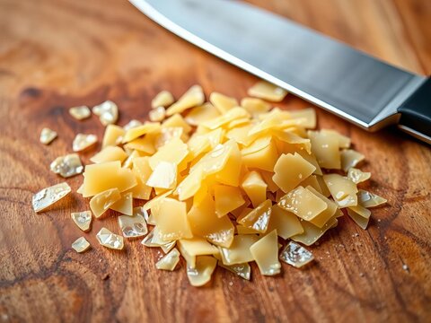 Natural shellac flakes on a wooden cutting board, golden color, artisanal