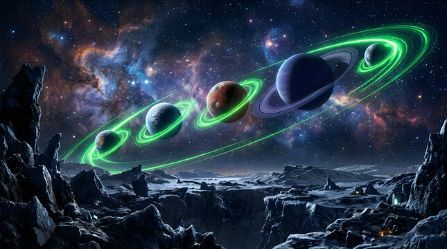 Row of glowing ringed planets in deep space with starry galaxy background
