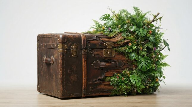 Vintage wooden chest overgrown with tropical forest plants