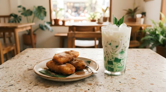 Plate of maruya banana fritters (with vanilla,eggs and flour mixture batter) and fresh iced buko pandan in a modern rustic restaurant. Authentic tasty Philippine light snack culinary for the summer
