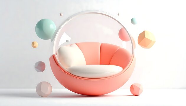 Modern 3D render of a peach colored bubble chair with floating spheres.