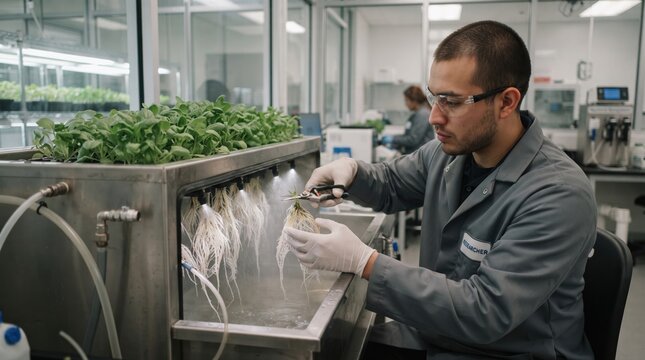 Aeroponic chamber root trimming by male student in controlled agriculture lab