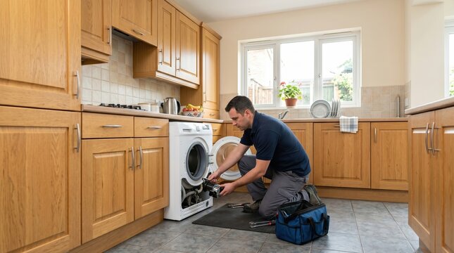 Washing machine part replacement in lived in kitchen service visit