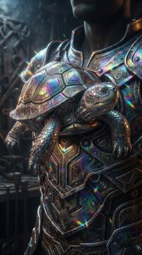 Fantasy warrior wearing iridescent metal armor with a turtle emblem