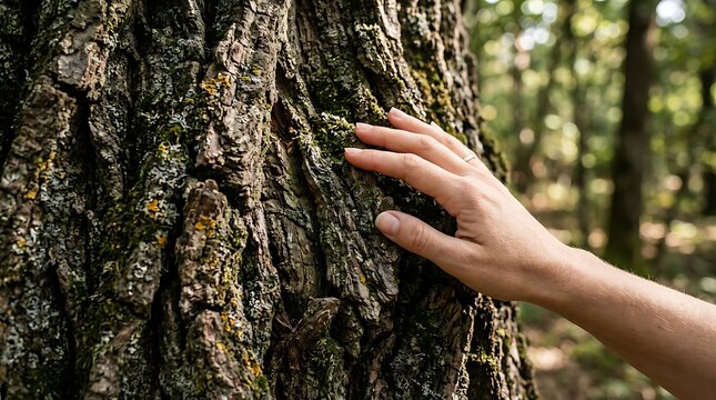 A person touching the rough textured bark of an old tree in a forest.